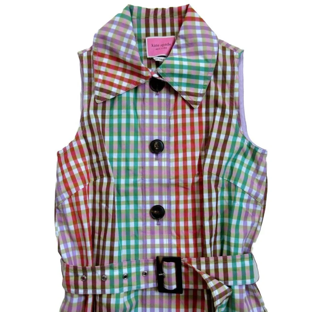 NWT Kate Spade New York Rainbow Plaid Cotton Belted Button Front Shirt Dress XXS